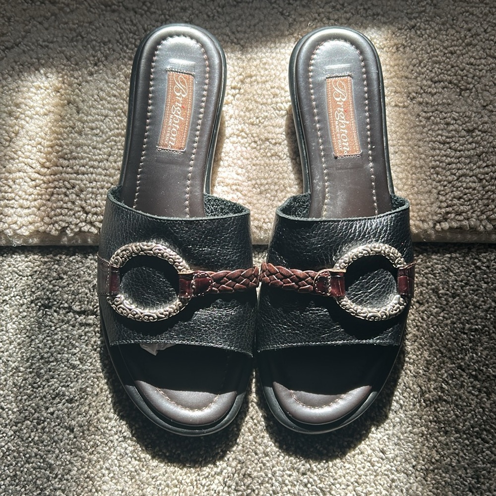 Brighton Black Leather Slide Sandals with Brown Braided Detail